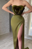 Elegant Green Strapless Sleeveless Mermaid Satin Prom Dresses with Slit HZ1023