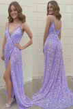 Purple glitter v-neck spaghetti straps long elegant sequin train prom evening gown party dress HZ1023