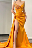 Sweetheart Beadings Orange Mermaid Evening Dress Split With Ruffles HZ1023