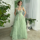 Gorgeous green long tiered ruffled ball gown embroidered lace applique beaded bow strappy evening gown with pockets HZ1023