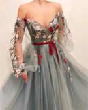 Gorgeous Off The Shoulder V Neck Tulle Long Sleeves Prom Dresses With Appliques HZ1023
