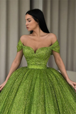 Elegant Off-the-Shoulder Green A-line Sequined Prom Dress HZ1023