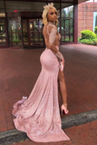 Chic light pink long sleeve lace applique new arrival high slit sequin long prom dress HZ1023