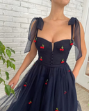 Cherry Spaghetti Straps Dress Starry Mesh Dress Homecoming dress HZ1023