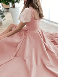 A-Line Elegant Vintage Engagement Prom Dress Scoop Neck Short Sleeve Sweep / Brush Train Satin with Pleats Split HZ1023