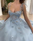 Light Blue A-Line Prom Dresses Spaghetti Straps Long Evening Formal Gown HZ1023
