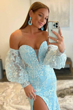 Light Blue Lace Strapless Puff Sleeve Long Prom Dress HZ1023
