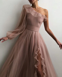 Charming One-Shoulder A-Line Sexy Slit Sleeves Prom Dresses HZ1023