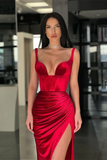 Elegant Long Velvet Red Mermaid Prom Dress With Slit HZ1023