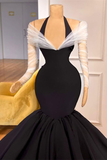 Chic Black Halter Mermaid Evening Dress With Sheer Long Sleeves HZ1023