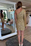 Gold Sequin One-Sleeve Short Homecoming Dress HZ1023