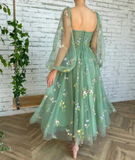 Long Sleeve Lace Green Puff Sleeve Dress Prom Green Tulle Prom /Sweetheart Neckline Dress/Long Sleeves Embroidered Prom Dress/Flower Dress HZ1023