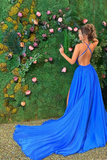 Royal Blue Sleeveless Prom Dress Slit HZ1023