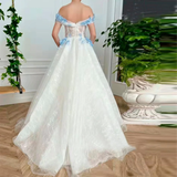 Elegant A Line Off The Shoulder Long Prom Dresses With Blue 3D Flower, Floor Length Evening Dresses HZ1023