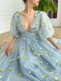 Blue floral tulle dress, Tulle dress prom, V-Neck puff sleeves prom dress, Wedding dress, Bridesmaid dress, Mesh Princess Dress HZ1023