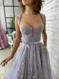 Lilac Embroidery Flowers Tulle Prom Dress, Sweetheart Straps Tea-Length Tulle Ball Gown Wedding Dress, Fairy Prom Dress HZ1023