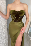 Elegant Green Strapless Sleeveless Mermaid Satin Prom Dresses with Slit HZ1023