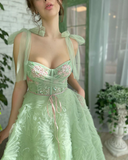 Gorgeous green long tiered ruffled ball gown embroidered lace applique beaded bow strappy evening gown with pockets HZ1023