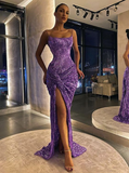 Purple shiny sequins spaghetti straps long slim high slit sexy mermaid ball gown evening dress party dress HZ1023