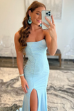 Light Blue Strapless Sequins Mermaid Evening Gown With Split Long Prom Dress HZ1023
