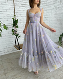 Lilac Embroidery Flowers Tulle Prom Dress, Sweetheart Straps Tea-Length Tulle Ball Gown Wedding Dress, Fairy Prom Dress HZ1023