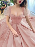 A-Line Elegant Vintage Engagement Prom Dress Scoop Neck Short Sleeve Sweep / Brush Train Satin with Pleats Split HZ1023