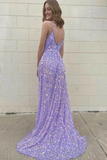 Purple glitter v-neck spaghetti straps long elegant sequin train prom evening gown party dress HZ1023