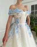 Elegant A Line Off The Shoulder Long Prom Dresses With Blue 3D Flower, Floor Length Evening Dresses HZ1023
