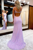 Lilac Mermaid Sequined V Neck Open Back Prom Dresses With Slit, Party Dresses HZ1023