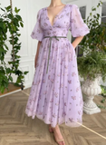 Lavender tulle ball gown V neck puff sleeve wedding dress bridesmaid dress princess dress HZ1023