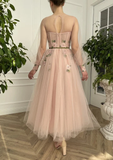 A Line Scoop Long Sleeve Prom Dresses with Floral Embroidery Long Formal Dressess HZ1023