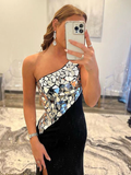 One Shoulder Black Mermaid Rhinestone Prom Dresses HZ1023