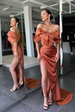 Burnt Orange Off-the-Shoulder Mermaid evening Dress Slit Long HZ1023