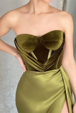 Elegant Green Strapless Sleeveless Mermaid Satin Prom Dresses with Slit HZ1023