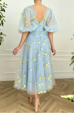 Blue floral tulle dress, Tulle dress prom, V-Neck puff sleeves prom dress, Wedding dress, Bridesmaid dress, Mesh Princess Dress HZ1023