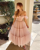 Ruffled Sleeves Tulle Dress, Tiered Ruffled A-line Skirt, Bridesmaid Party Dress, Graduation Dress, Wedding Party Dress, Tulle Corset Dress HZ1023