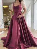 A-Line Elegant Vintage Engagement Prom Dress Scoop Neck Short Sleeve Sweep / Brush Train Satin with Pleats Split HZ1023