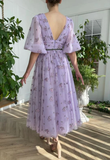 Lavender tulle ball gown V neck puff sleeve wedding dress bridesmaid dress princess dress HZ1023