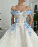 Elegant A Line Off The Shoulder Long Prom Dresses With Blue 3D Flower, Floor Length Evening Dresses HZ1023
