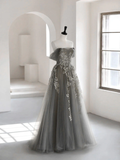 Gray Sweetheart Neck A line Lace Long Prom Dress, Gray Formal Dress HZ1023