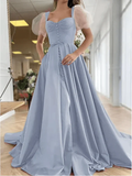 A-Line Elegant Vintage Engagement Prom Dress Scoop Neck Short Sleeve Sweep / Brush Train Satin with Pleats Split HZ1023