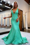 Deep V Neck Sequin Mermaid Prom Dress HZ1023