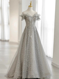 Gray Tulle Sequin Lace Off Shoulder Long Prom Dress, Gray Evening Dress HZ1023