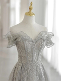 Gray Tulle Sequin Lace Off Shoulder Long Prom Dress, Gray Evening Dress HZ1023