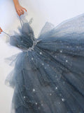 Blue gorgeous sparkling exquisite beaded long tulle ball gown evening dress with rhinestones multi-layered dress HZ1023