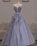 Purple Sweetheart Neck Tulle Sequin Long Prom Dress, Purple Ball Gown Graduation Dress HZ1023