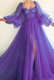 Purple puff sleeves long sleeves long ball gown evening dress HZ1023