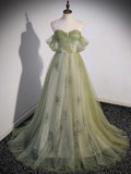 Aline Green Long Prom Dress, Green Tulle Formal Evening Dress HZ1023