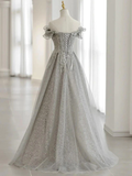 Gray Tulle Sequin Lace Off Shoulder Long Prom Dress, Gray Evening Dress HZ1023