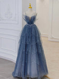 Blue gorgeous sparkling exquisite beaded long tulle ball gown evening dress with rhinestones multi-layered dress HZ1023